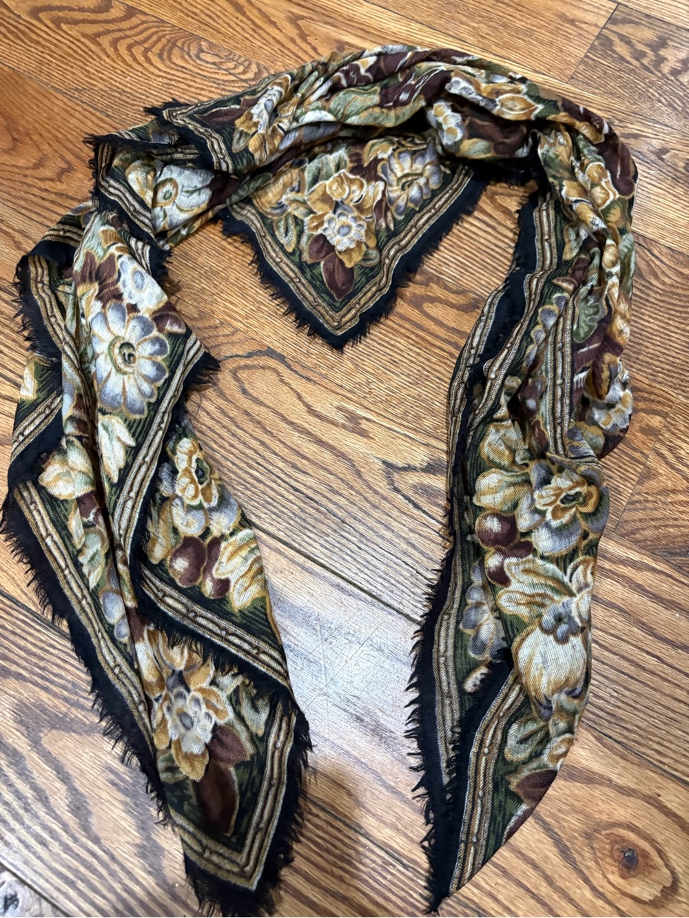 Echo Floral Velvet-Trim Scarf in Black, Brown & Green